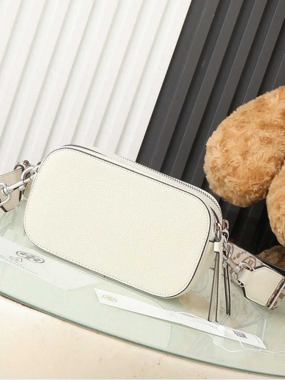 Tory Burch Cream Leather Crossbody Camera Bag with Logo Cutout
